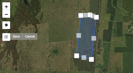Drawing and editing a field boundary on the map, with save and cancel controls.
