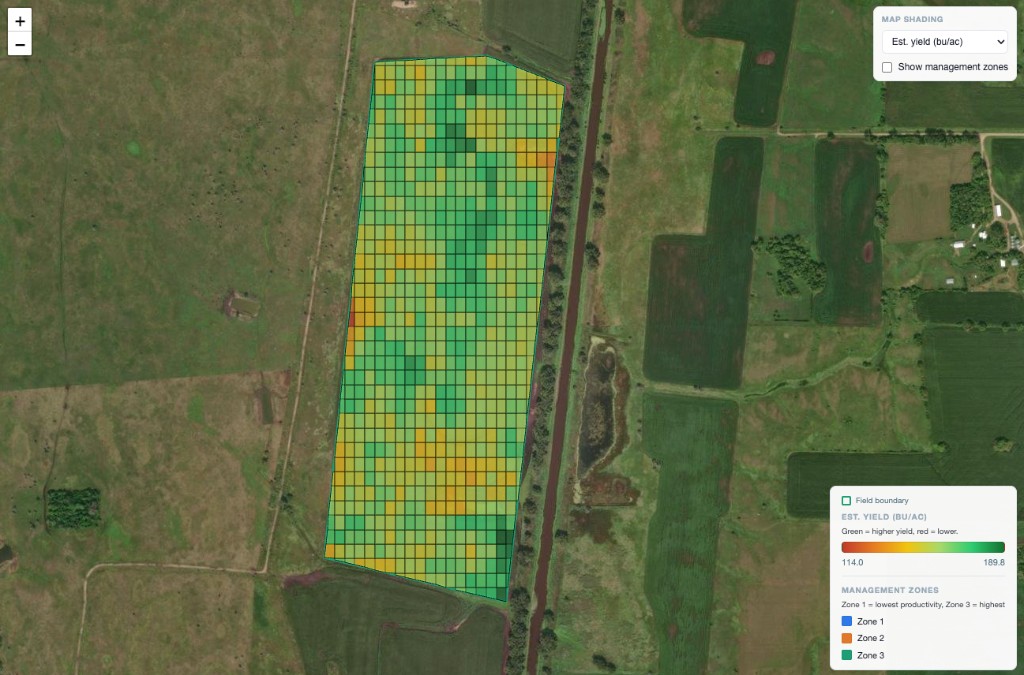 Estimated yield map in bushels per acre across the field.