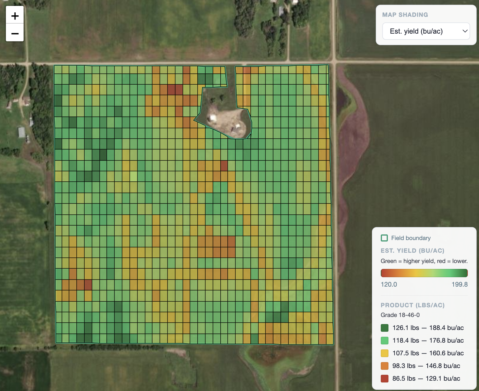 Varigro map view: field boundary with colored prescription grid cells from higher to lower estimated productivity, with a rate legend.