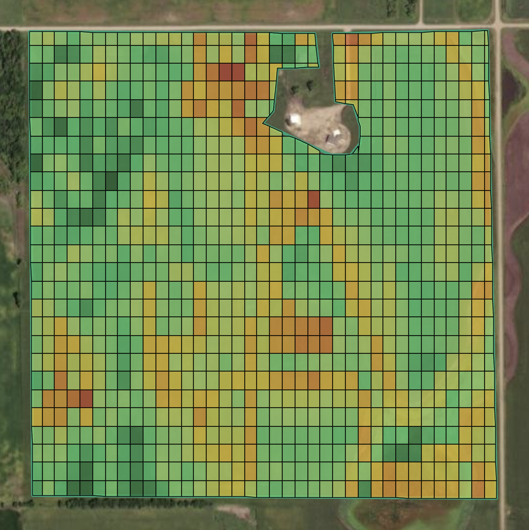 Field map shaded by estimated productivity per acre, with cell-level tiers for variable-rate application.