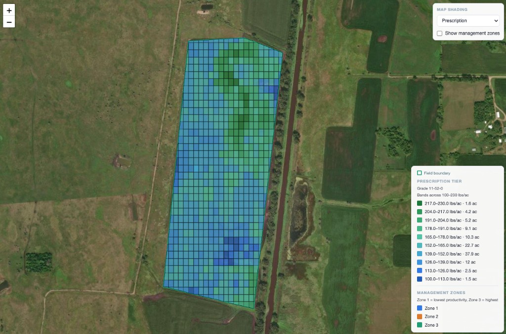 Variable-rate prescription grid for 11-52-0 in pounds per acre.