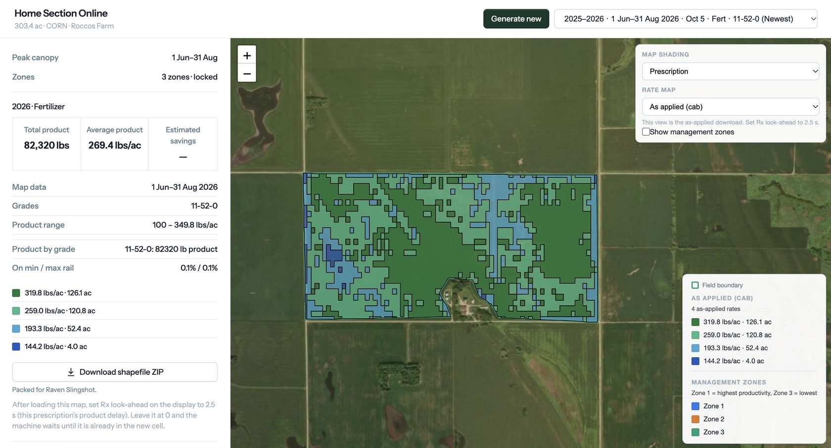 Home Section Online on Roccos Farm: 303.4 acres of corn, 11-52-0 prescription, 3 management zones.